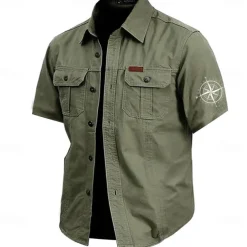 Men's Nautical Compass Work Shirt Western Shirt Cargo Shirt Short Sleeve Casual Tactical Sports Outdoor WorkWear Summer Spring Turndown Front Two Pockets Cotton Button Up Shirts Army Green Khaki Dark