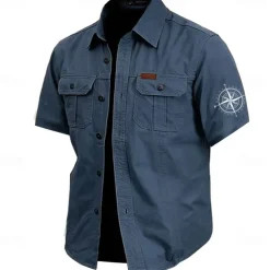 Men's Nautical Compass Work Shirt Western Shirt Cargo Shirt Short Sleeve Casual Tactical Sports Outdoor WorkWear Summer Spring Turndown Front Two Pockets Cotton Button Up Shirts Army Green Khaki Dark