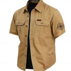 Men's Nautical Compass Work Shirt Western Shirt Cargo Shirt Short Sleeve Casual Tactical Sports Outdoor WorkWear Summer Spring Turndown Front Two Pockets Cotton Button Up Shirts Army Green Khaki Dark