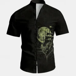 Men's Nautical Sailboat Halloween Costumes Button Up Shirt Printed Shirts Short Sleeve Hawaiian Resort Vacation Holiday Daily Wear Summer Standing Collar Print Button-Down Black