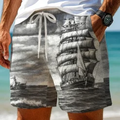 Men's Nautical Sailboat Waffle Shorts Sweat Shorts Casual Shorts Mid Waist Retro Vintage Vacation Jogging Workout Elastic Drawstring Waist Shorts with Pockets Designer Clothing Apparel