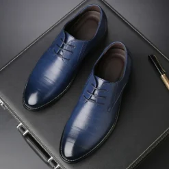 Men's Navy Blue Faux Leather Oxford Shoes – Stylish Lace-Up Design for Business and Formal Wear