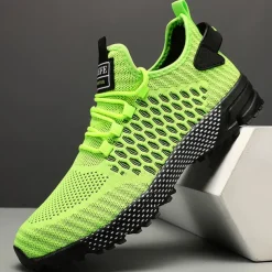 Men's Neon Green Breathable Athletic Sneakers – Lightweight Mesh Running Shoes with Cushioned Sole
