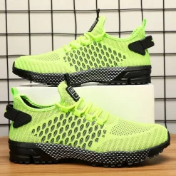 Men's Neon Green Breathable Athletic Sneakers – Lightweight Mesh Running Shoes with Cushioned Sole