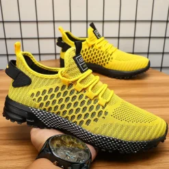 Men's Neon Green Breathable Athletic Sneakers – Lightweight Mesh Running Shoes with Cushioned Sole