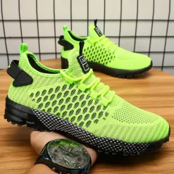 Men's Neon Green Breathable Athletic Sneakers – Lightweight Mesh Running Shoes with Cushioned Sole