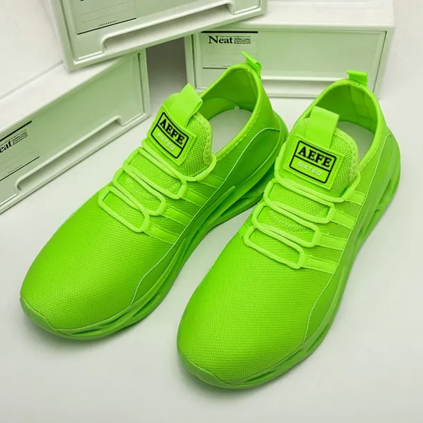Men's Neon Green Breathable Mesh Athletic Sneakers with Hollow Out Sole - Lightweight Running and Sports Shoes for Gym, Training, and Casual Wear
