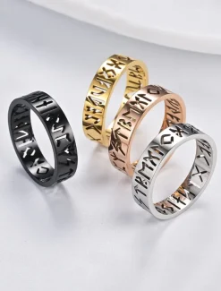 Men's Norse Rune Ring – Engraved Stainless Steel Viking Symbol Band, Nordic Mythology Jewelry for Men and Women