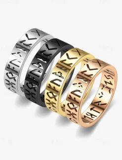 Men's Norse Rune Ring – Engraved Stainless Steel Viking Symbol Band, Nordic Mythology Jewelry for Men and Women