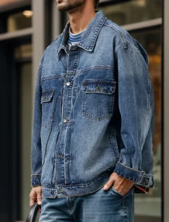 Men's Number Coat Jean Jacket Denim Jacket Breathable Comfortable Casual Sports & Outdoor Going out Weekend Buttons Print Fall & Winter Turndown Long Sleeve Black Blue