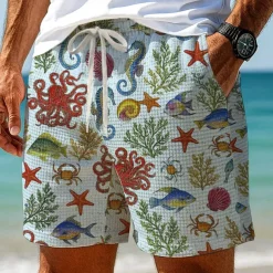 Men's Octopus Shell Sea Creatures Waffle Shorts Sweat Shorts Casual Shorts Mid Waist Fashion Casual Vacation Jogging Workout Elastic Drawstring Waist Shorts with Pockets Designer Clothing Apparel