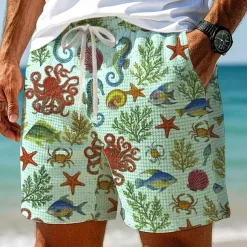 Men's Octopus Shell Sea Creatures Waffle Shorts Sweat Shorts Casual Shorts Mid Waist Fashion Casual Vacation Jogging Workout Elastic Drawstring Waist Shorts with Pockets Designer Clothing Apparel