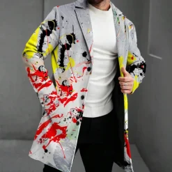 Men's Oil Painting Fleece Jacket Coat Thermal Comfortable Artistic Casual Outdoor Street Daily Wear Buttons 3D Print Front Pocket Winter Turndown Long Sleeve Gray