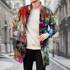 Men's Oil Painting Winter Coat Fleece Jacket Overcoat Thermal Comfortable Artistic Casual Party Daily Wear Buttons 3D Print Front Pocket Winter Turndown Long Sleeve Yellow Blue Purple