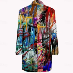 Men's Oil Painting Winter Coat Fleece Jacket Overcoat Thermal Comfortable Artistic Casual Party Daily Wear Buttons 3D Print Front Pocket Winter Turndown Long Sleeve Yellow Blue Purple