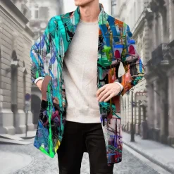 Men's Oil Painting Winter Coat Fleece Jacket Overcoat Thermal Comfortable Artistic Casual Party Daily Wear Buttons 3D Print Front Pocket Winter Turndown Long Sleeve Yellow Blue Purple