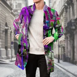 Men's Oil Painting Winter Coat Fleece Jacket Overcoat Thermal Comfortable Artistic Casual Party Daily Wear Buttons 3D Print Front Pocket Winter Turndown Long Sleeve Yellow Blue Purple