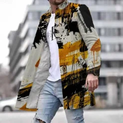 Men's Oil Painting Winter Coat Overcoat Coat With Pockets Casual Daily Wear Vacation Going out Print Front Pocket Fall & Winter Turndown Long Sleeve khaki