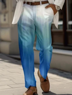 Men's Ombre Dress Pants Mid Waist Business Casual Wedding Dailywear Pocket Straight Leg Trousers Summer Spring Fall 3D Print Blue Green