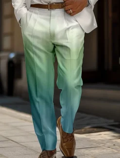 Men's Ombre Dress Pants Mid Waist Business Casual Wedding Dailywear Pocket Straight Leg Trousers Summer Spring Fall 3D Print Blue Green