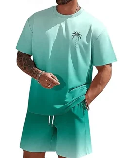 Men's Ombre Palm Tree 2pcs Tees sets Summer Tops Short Sleeve Short Pants Crew Neck beach vacation Sport Daily Going out 3D Print Summer White Blue Green