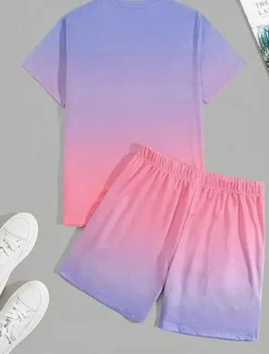 Men's Ombre Palm Tree 2pcs Tees sets Summer Tops Short Sleeve Short Pants Crew Neck beach vacation Sport Daily Going out 3D Print Summer White Blue Green