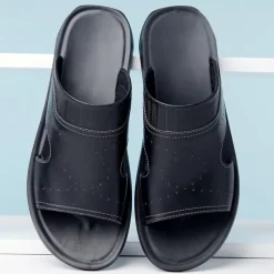 Men's Open-Toe Embossed Faux Leather Sandals – Casual Slip-On Design with Breathable Perforations for Summer Outdoor Wear