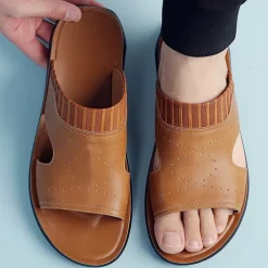 Men's Open-Toe Embossed Faux Leather Sandals – Casual Slip-On Design with Breathable Perforations for Summer Outdoor Wear