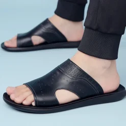 Men's Open-Toe Embossed Faux Leather Sandals – Casual Slip-On Design with Breathable Perforations for Summer Outdoor Wear