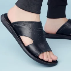 Men's Open-Toe Embossed Faux Leather Sandals – Casual Slip-On Design with Breathable Perforations for Summer Outdoor Wear