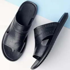 Men's Open-Toe Embossed Faux Leather Sandals – Casual Slip-On Design with Breathable Perforations for Summer Outdoor Wear