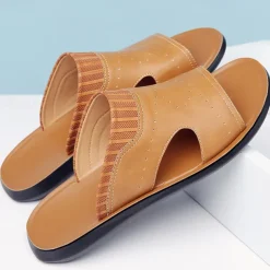 Men's Open-Toe Embossed Faux Leather Sandals – Casual Slip-On Design with Breathable Perforations for Summer Outdoor Wear