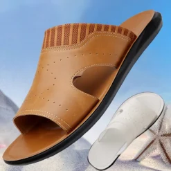 Men's Open-Toe Embossed Faux Leather Sandals – Casual Slip-On Design with Breathable Perforations for Summer Outdoor Wear