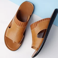 Men's Open-Toe Embossed Faux Leather Sandals – Casual Slip-On Design with Breathable Perforations for Summer Outdoor Wear