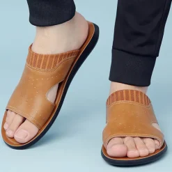Men's Open-Toe Embossed Faux Leather Sandals – Casual Slip-On Design with Breathable Perforations for Summer Outdoor Wear
