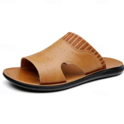 Men's Open-Toe Embossed Faux Leather Sandals – Casual Slip-On Design with Breathable Perforations for Summer Outdoor Wear