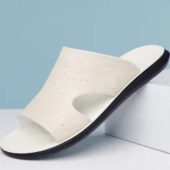 Men's Open-Toe Embossed Faux Leather Sandals – Casual Slip-On Design with Breathable Perforations for Summer Outdoor Wear