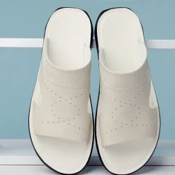 Men's Open-Toe Embossed Faux Leather Sandals – Casual Slip-On Design with Breathable Perforations for Summer Outdoor Wear