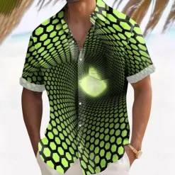 Men's Optical Illusion Grid / Plaid Shirt Summer Shirt Button Up Shirt Short Sleeve Fashion Casual Outdoor Vacation Dailywear Summer Spring Turndown 3D Print Collared Shirts Front One Pocket Black
