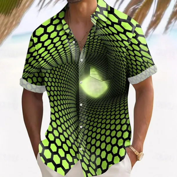 Men's Optical Illusion Grid / Plaid Shirt Summer Shirt Button Up Shirt Short Sleeve Fashion Casual Outdoor Vacation Dailywear Summer Spring Turndown 3D Print Collared Shirts Front One Pocket Black