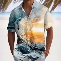 Men's Optical Illusion Ocean Sunset Summer Hawaiian Shirt Button Up Shirt Aloha Shirt Short Sleeve Hawaiian Vacation Beach Wear Summer Spring Turndown 3D Print Collared Shirts Light Blue Black Blue
