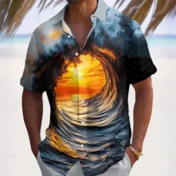 Men's Optical Illusion Ocean Sunset Summer Hawaiian Shirt Button Up Shirt Aloha Shirt Short Sleeve Hawaiian Vacation Beach Wear Summer Spring Turndown 3D Print Collared Shirts Light Blue Black Blue