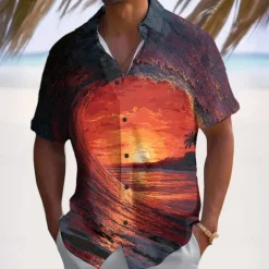 Men's Optical Illusion Ocean Sunset Summer Hawaiian Shirt Button Up Shirt Aloha Shirt Short Sleeve Hawaiian Vacation Beach Wear Summer Spring Turndown 3D Print Collared Shirts Light Blue Black Blue