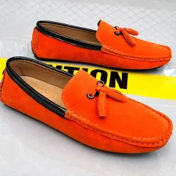 Men's Orange and Blue Suede Driving Loafers with Tassel Detail and Non-Slip Rubber Sole - Stylish and Comfortable for Casual and Driving Wear