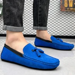 Men's Orange and Blue Suede Driving Loafers with Tassel Detail and Non-Slip Rubber Sole - Stylish and Comfortable for Casual and Driving Wear