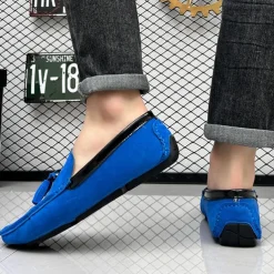 Men's Orange and Blue Suede Driving Loafers with Tassel Detail and Non-Slip Rubber Sole - Stylish and Comfortable for Casual and Driving Wear