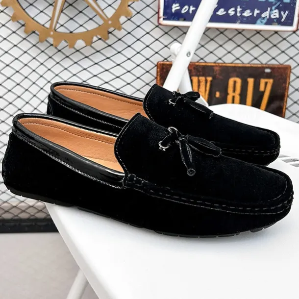 Men's Orange and Blue Suede Driving Loafers with Tassel Detail and Non-Slip Rubber Sole - Stylish and Comfortable for Casual and Driving Wear
