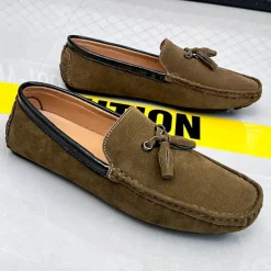 Men's Orange and Blue Suede Driving Loafers with Tassel Detail and Non-Slip Rubber Sole - Stylish and Comfortable for Casual and Driving Wear