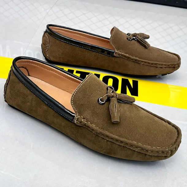 Men's Orange and Blue Suede Driving Loafers with Tassel Detail and Non-Slip Rubber Sole - Stylish and Comfortable for Casual and Driving Wear
