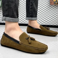 Men's Orange and Blue Suede Driving Loafers with Tassel Detail and Non-Slip Rubber Sole - Stylish and Comfortable for Casual and Driving Wear